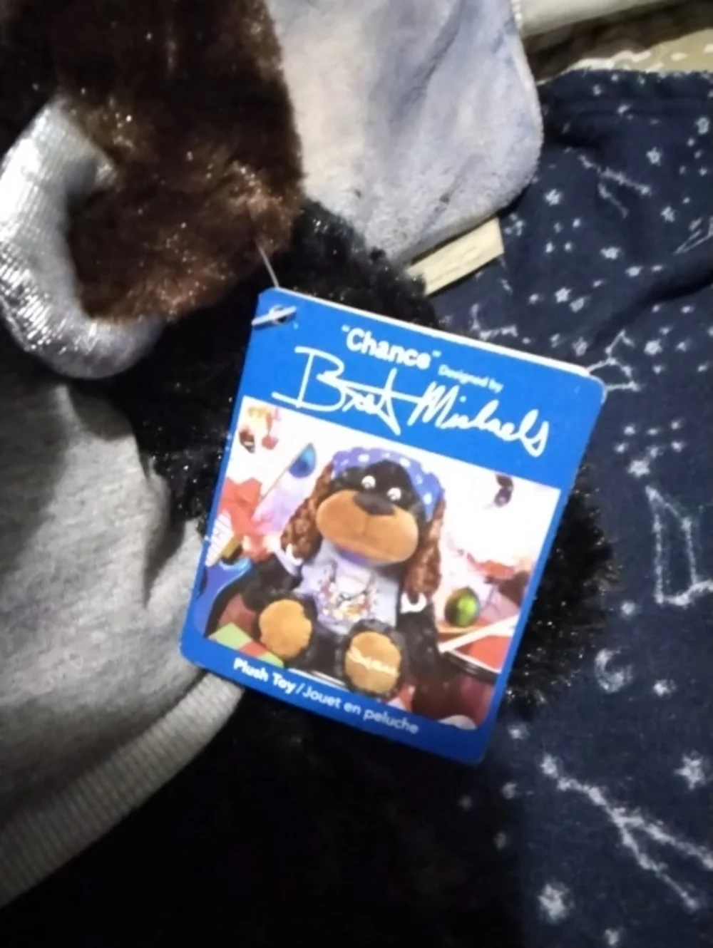 Bret Michaels Plush Black & Brown Dog with Blue Bandana and Gray Shirt